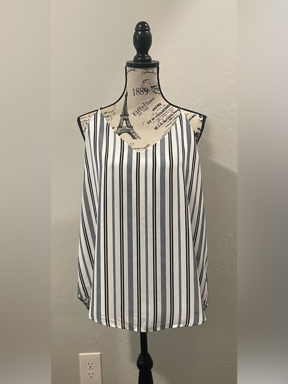 LOFT White & Navy Vertical Stripe V-Neck Camisole Blouse